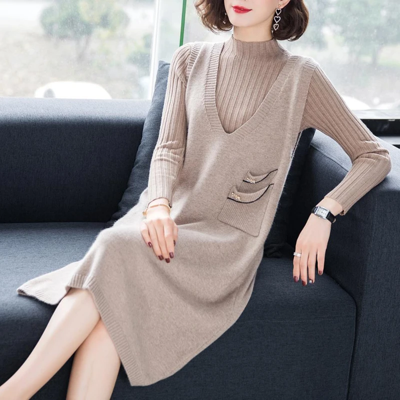 Woman Two Piece Sweater Dress Female Solid Vintage Pullover and Knitted Long Sleeveless Vest Streetwear Loose Suits G437
Woman Two Piece Sweater Dress Female Solid Vintage Pullover and Knitted Long Sleeveless Vest Streetwear Loose Suits G437