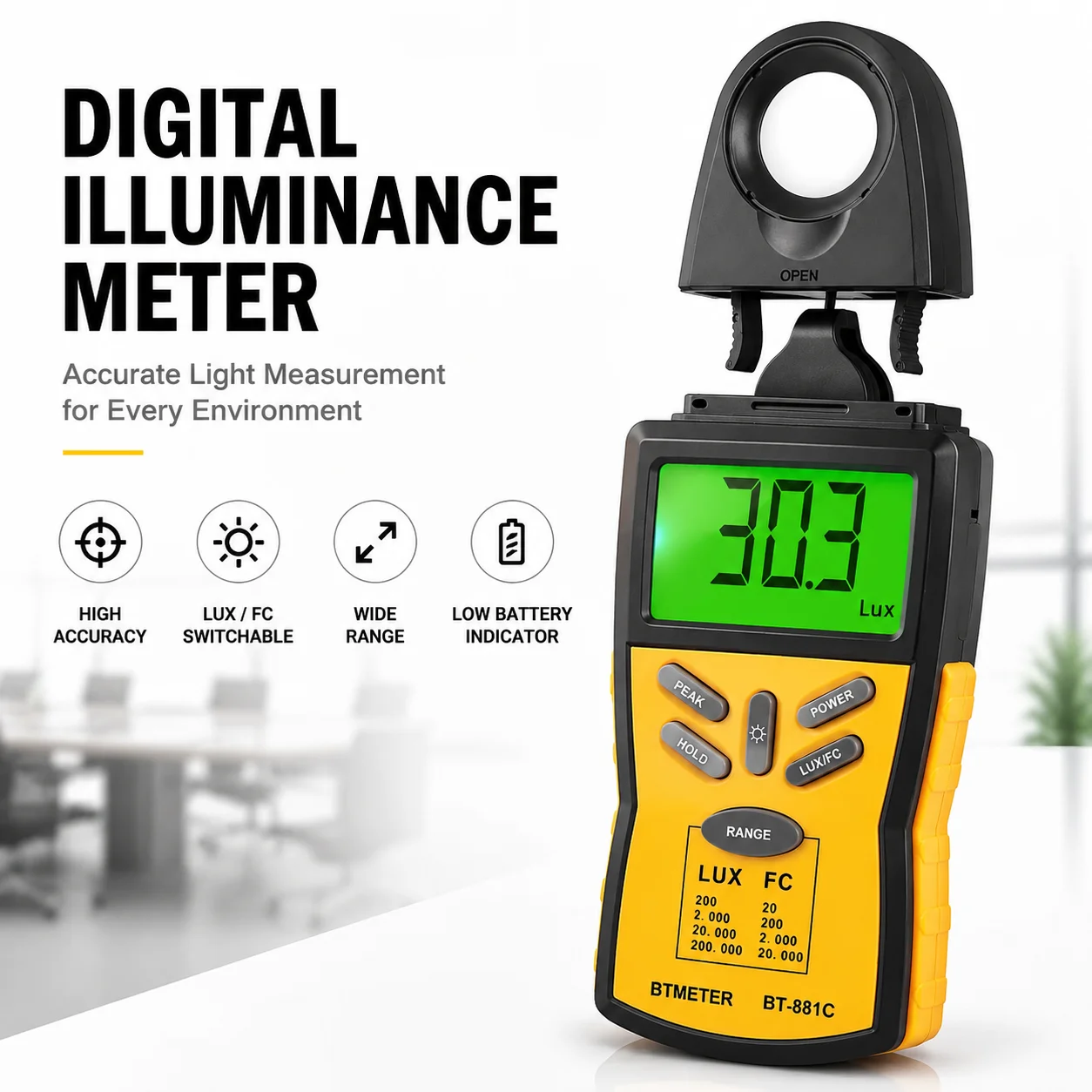 Digital Illuminance Light Meter HP-881C,Lumen/FC Photometer,Luxmeter Sensor Measure 0.1~200000 Lux (0.01~20000FC) Lights
Digital Illuminance Light Meter HP-881C,Lumen/FC Photometer,Luxmeter Sensor Measure 0.1~200000 Lux (0.01~20000FC) Lights