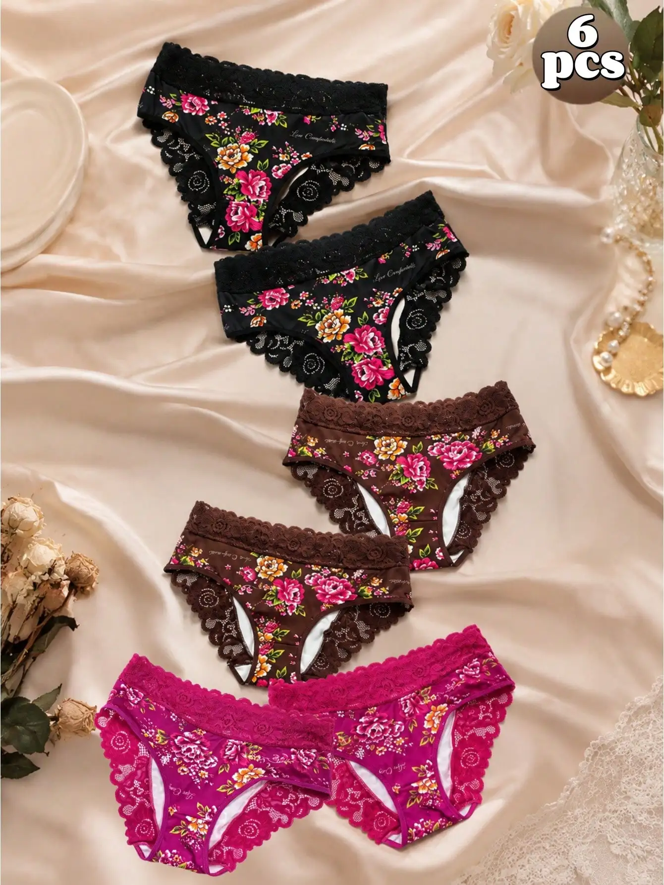 6Pcs Floral Print Contrast Lace Trim Panties, Soft Underwear Women,Ideal summer for daily wear, swim, sports, gym, beach, travel
6Pcs Floral Print Contrast Lace Trim Panties, Soft Underwear Women,Ideal summer for daily wear, swim, sports, gym, beach, travel