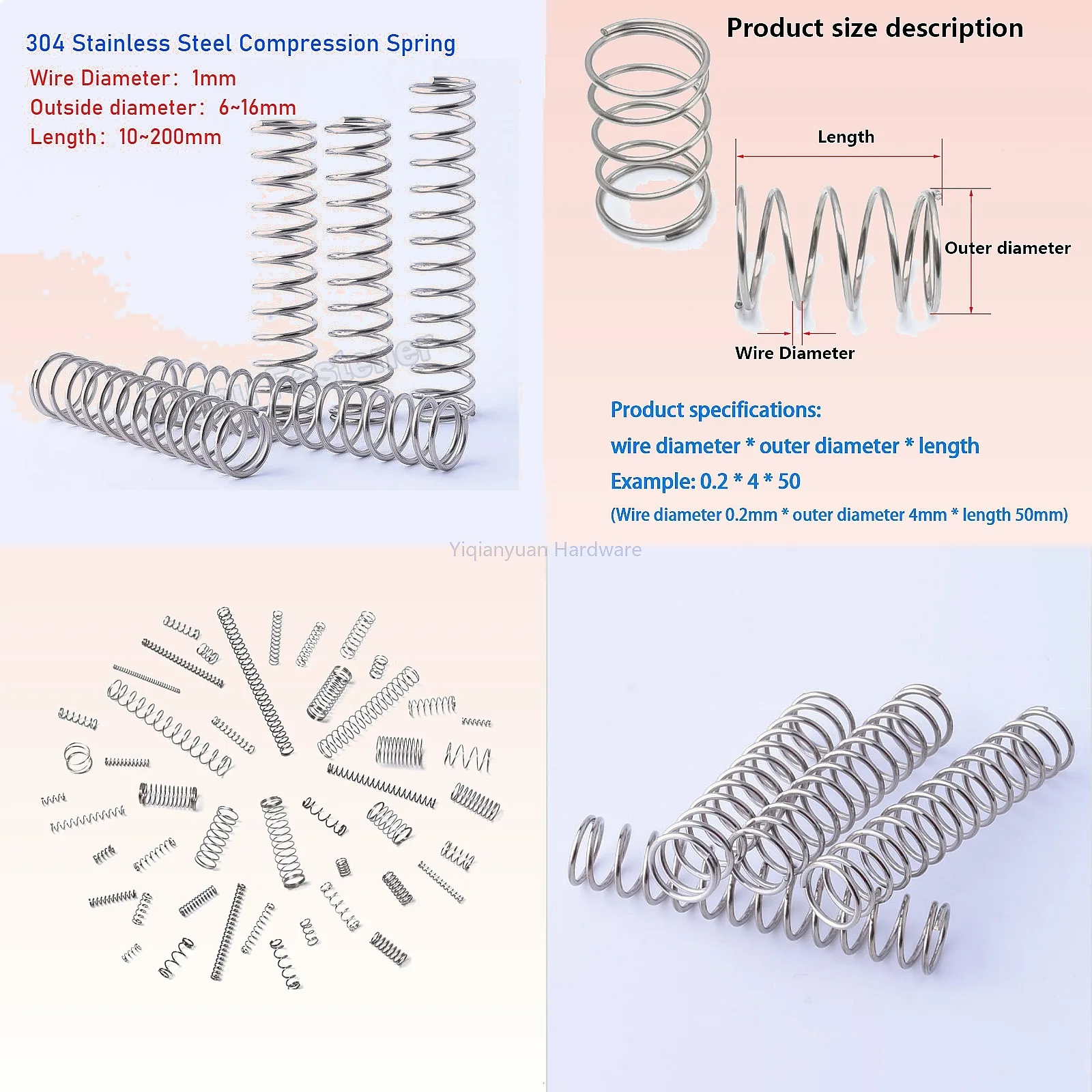 Yiqianyuan Wire Diameter 1mm SUS304 Stainless Steel Compression Spring OD 6-16mm Length 10-200mm Heavy Duty
Yiqianyuan Wire Diameter 1mm SUS304 Stainless Steel Compression Spring OD 6-16mm Length 10-200mm Heavy Duty
