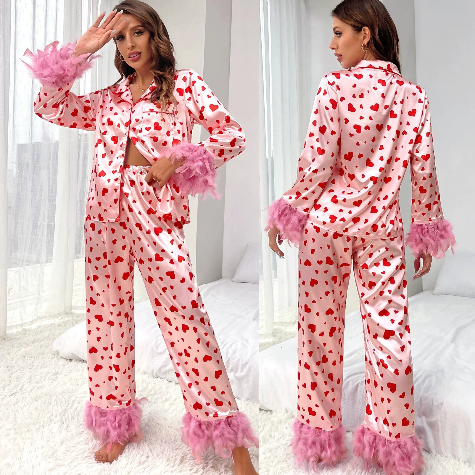 Luxury Feathers Pajamas Set Lounge Wear Spring New Long Sleeve Pijamas Suit Love Printing Home Clothes Loose Pyjama Pour Femme
Luxury Feathers Pajamas Set Lounge Wear Spring New Long Sleeve Pijamas Suit Love Printing Home Clothes Loose Pyjama Pour Femme