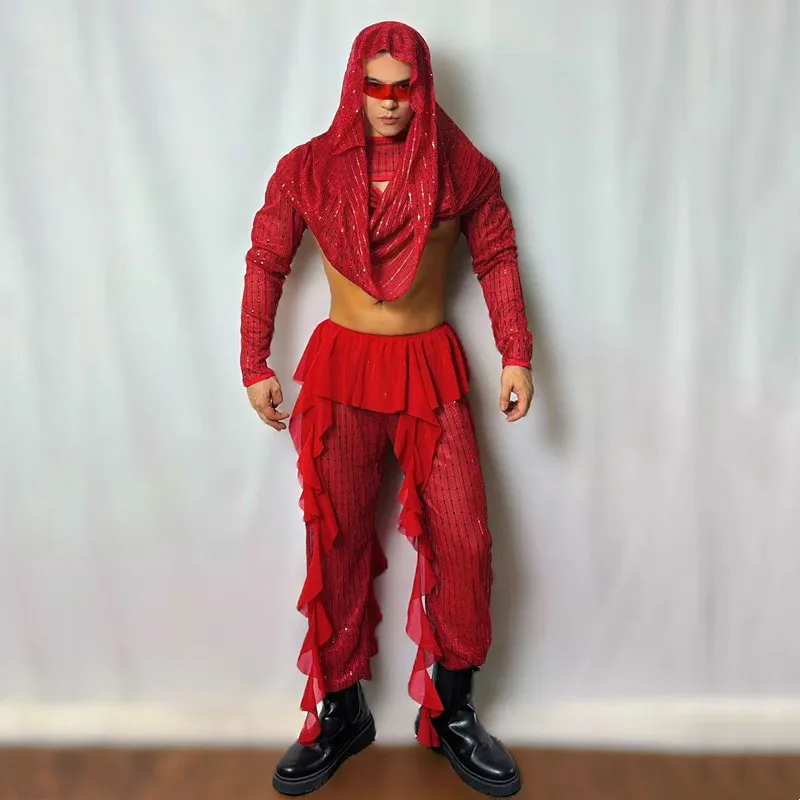 Gothic Style Men's Dance Costume Red Sequins Tops Pants Set Nightclub Bar Male Dancer Group Performance Stage Costume Outfit
Gothic Style Men's Dance Costume Red Sequins Tops Pants Set Nightclub Bar Male Dancer Group Performance Stage Costume Outfit