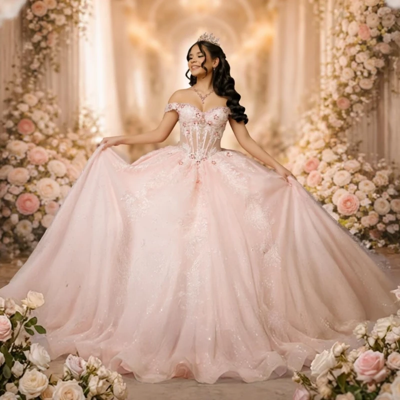 Light Pink Shiny Ball Gown Quinceanera Dresses Applique Lace Beading Crystal Bow Tull Corset Off Shoulder Sweet 16 Dress vestido
Light Pink Shiny Ball Gown Quinceanera Dresses Applique Lace Beading Crystal Bow Tull Corset Off Shoulder Sweet 16 Dress vestido