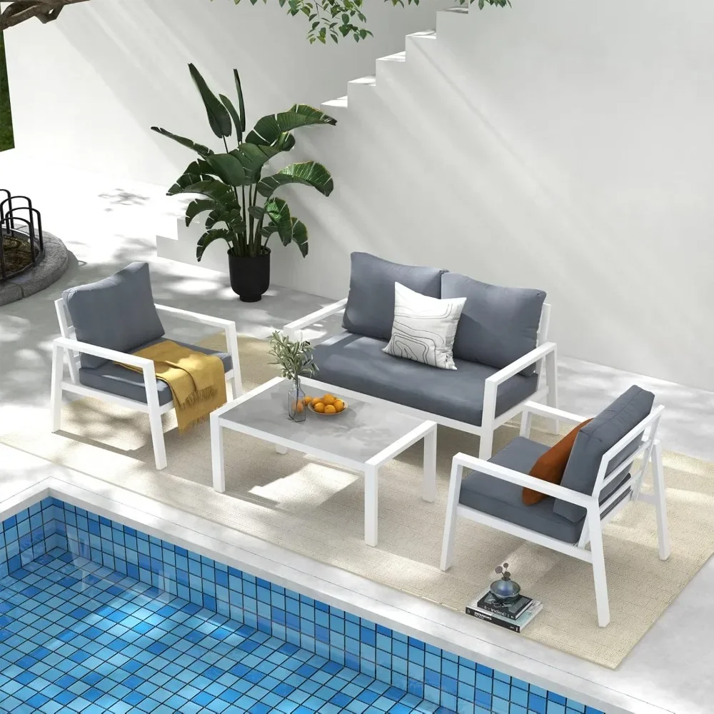 4-Piece Aluminum Outdoor Patio Furniture, Patio Conversation Sofa Set with Removable Cushions, Tempered Glass Top Coffee Table
4-Piece Aluminum Outdoor Patio Furniture, Patio Conversation Sofa Set with Removable Cushions, Tempered Glass Top Coffee Table