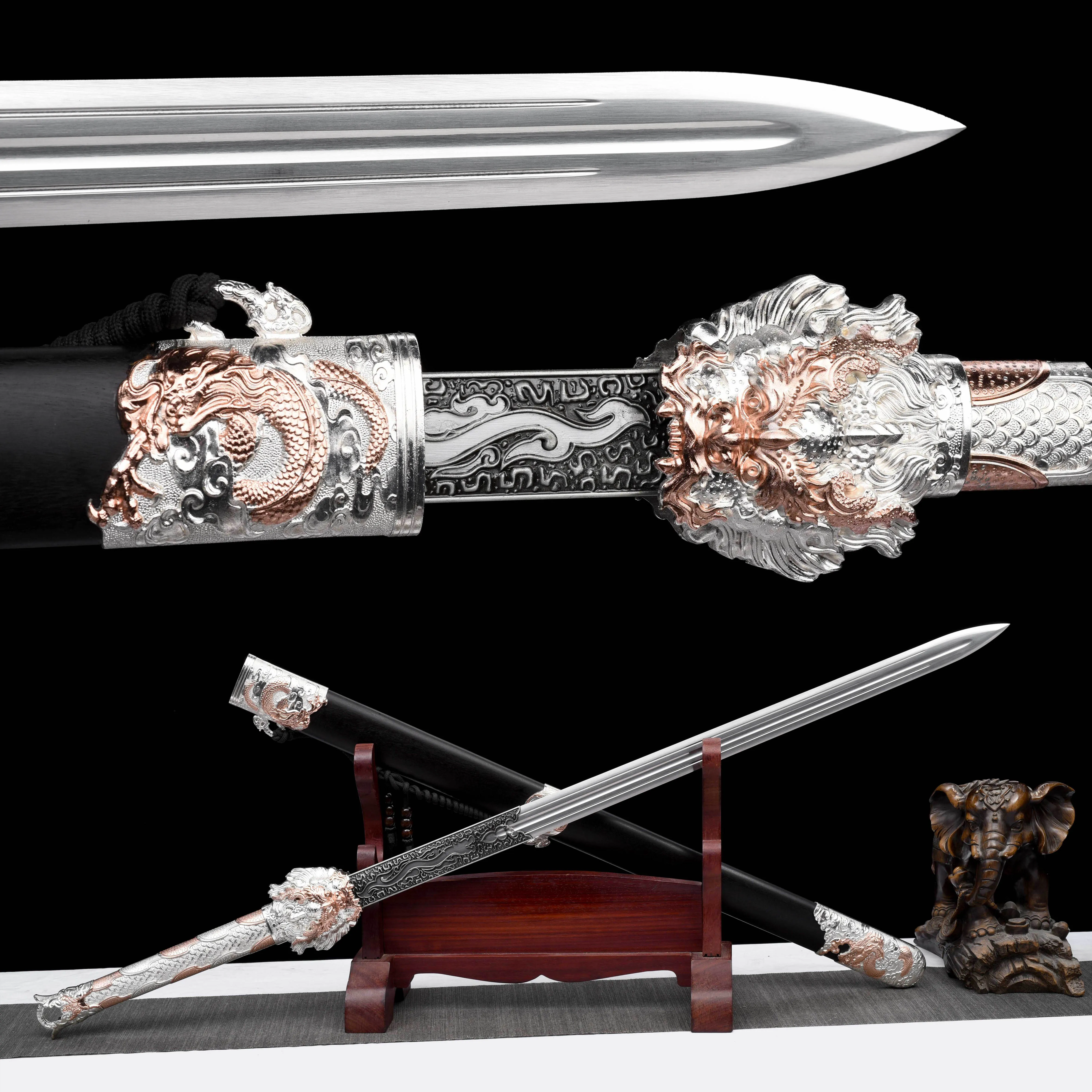 Medieval Silver Dragon Moon Sword, real steel battle preparation, sharp samurai sword, Ebony scabbard training, fighting knight
Medieval Silver Dragon Moon Sword, real steel battle preparation, sharp samurai sword, Ebony scabbard training, fighting knight