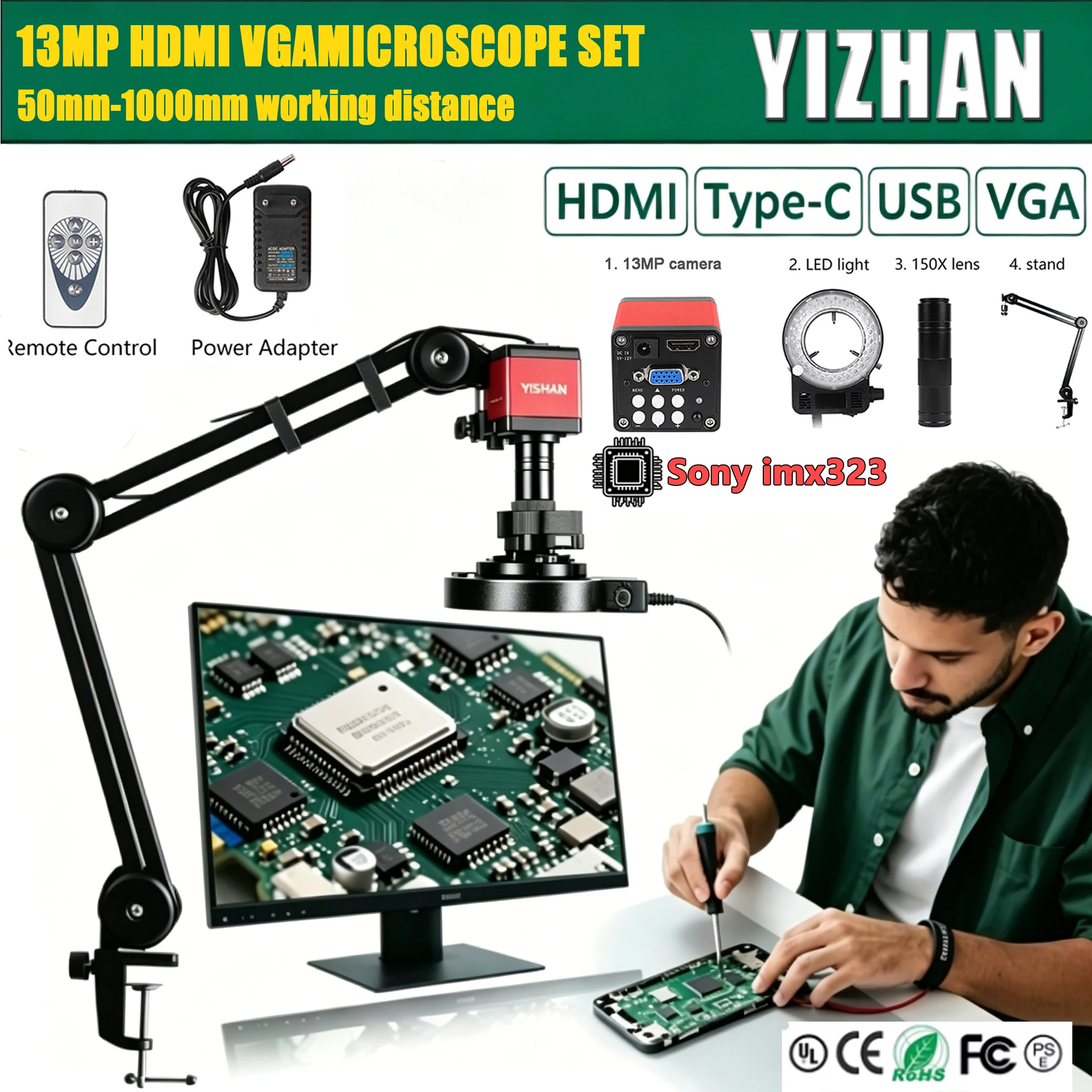 YIZHAN IMX323 Sensor Electronic Digital Microscope For Soldering1080P HDMI VGA Industrial Camera150xLens for mobile phone repair
YIZHAN IMX323 Sensor Electronic Digital Microscope For Soldering1080P HDMI VGA Industrial Camera150xLens for mobile phone repair