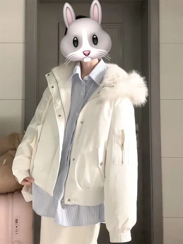 Sweet Style Hooded Cotton Jacket Moon White Color Block Faux Fur Collar Warm Winter Coat Thickened Long Sleeve Zipper Closure
Sweet Style Hooded Cotton Jacket Moon White Color Block Faux Fur Collar Warm Winter Coat Thickened Long Sleeve Zipper Closure