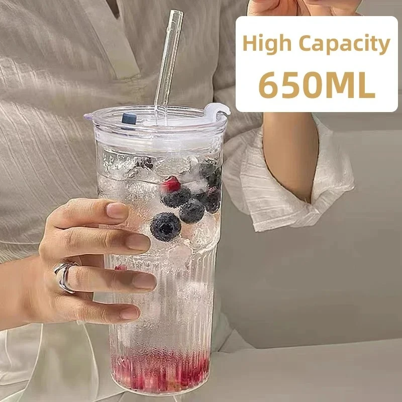 650ML Stripe Glass Cup with Lid and Straw Transparent Drinking Glasses for Juice Iced Coffee Water Cup Outdoor Drinkware Mug
650ML Stripe Glass Cup with Lid and Straw Transparent Drinking Glasses for Juice Iced Coffee Water Cup Outdoor Drinkware Mug