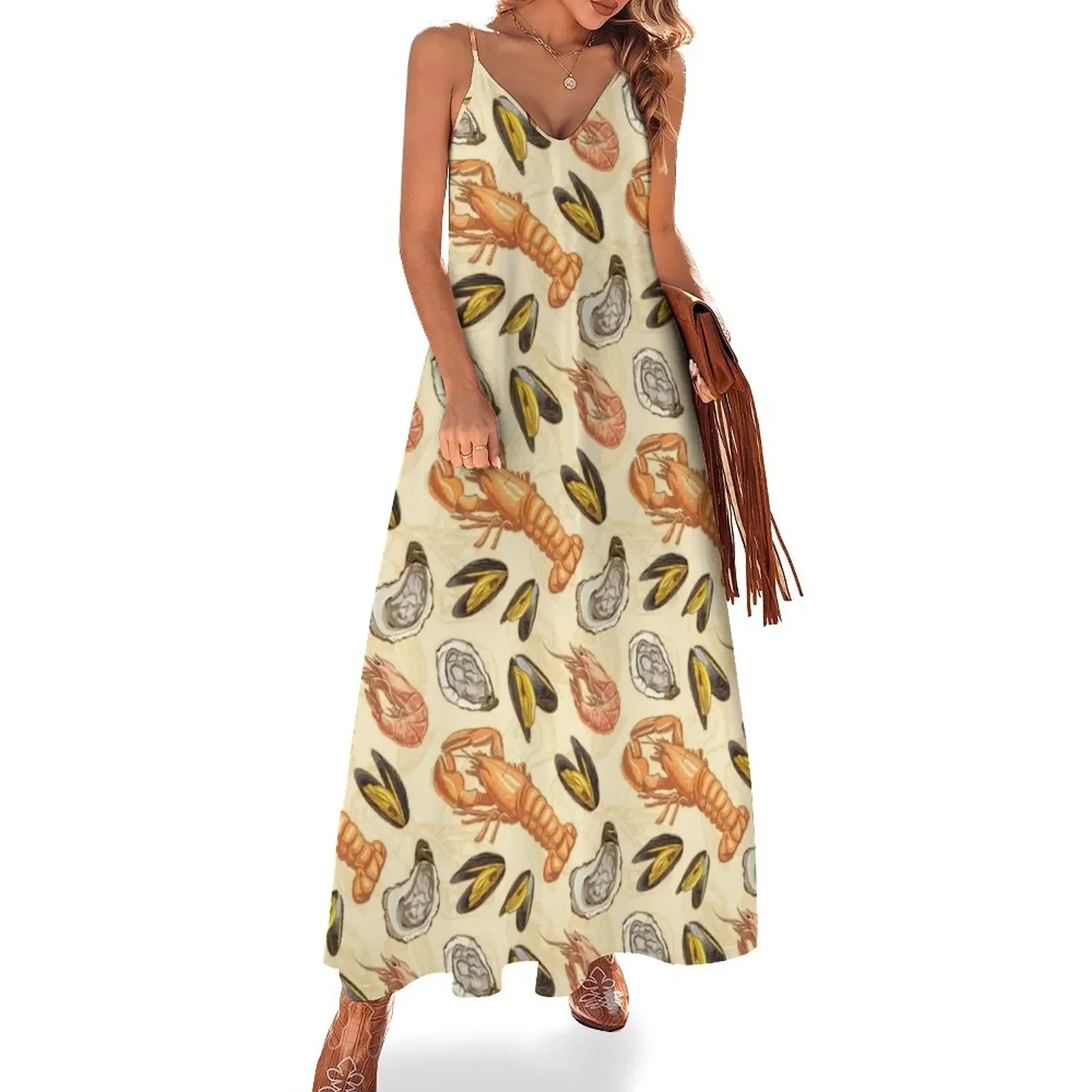 Seafood Lobster Prawn Mussel Oyster Pattern Sleeveless Dress luxury woman party dress dress for women summer Evening dresses
Seafood Lobster Prawn Mussel Oyster Pattern Sleeveless Dress luxury woman party dress dress for women summer Evening dresses