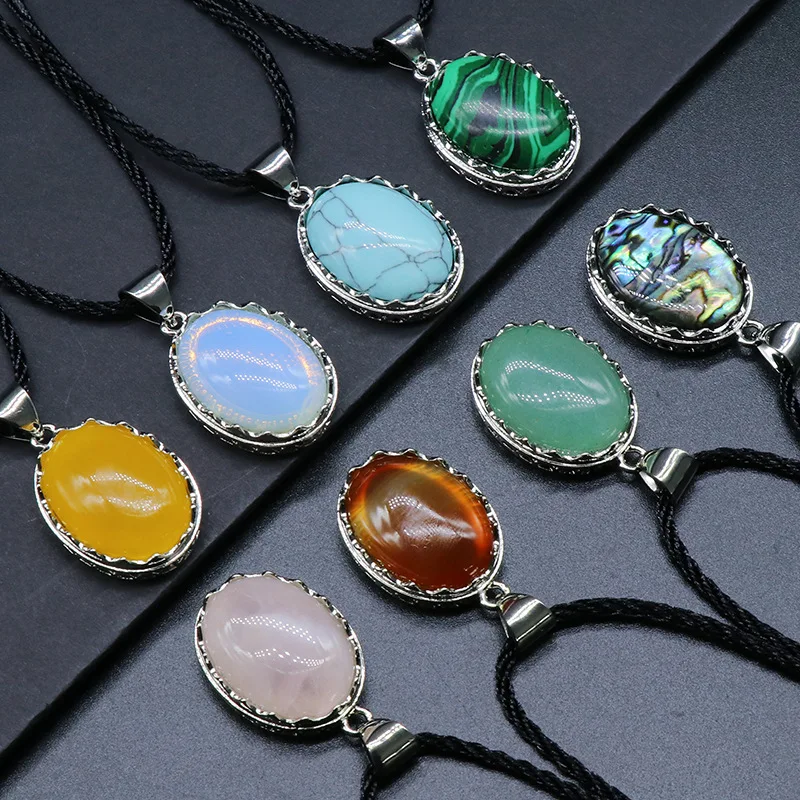 Natural Stone Oval Pendant Necklace, Silver Plated Gemstone Choker with Wax Cord
Natural Stone Oval Pendant Necklace, Silver Plated Gemstone Choker with Wax Cord
