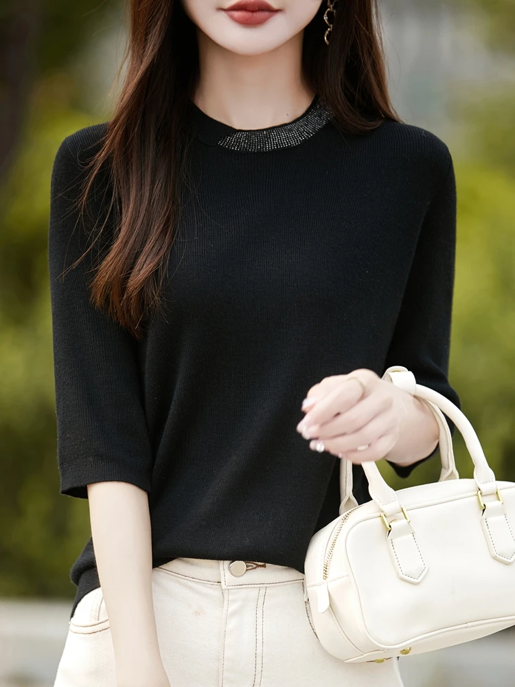 Women's Half-High Collar Knitted Wool Blend Sweater Spring Autumn New Style Rhinestone Top Five-Sleeve T-Shirt Base Layer
Women's Half-High Collar Knitted Wool Blend Sweater Spring Autumn New Style Rhinestone Top Five-Sleeve T-Shirt Base Layer