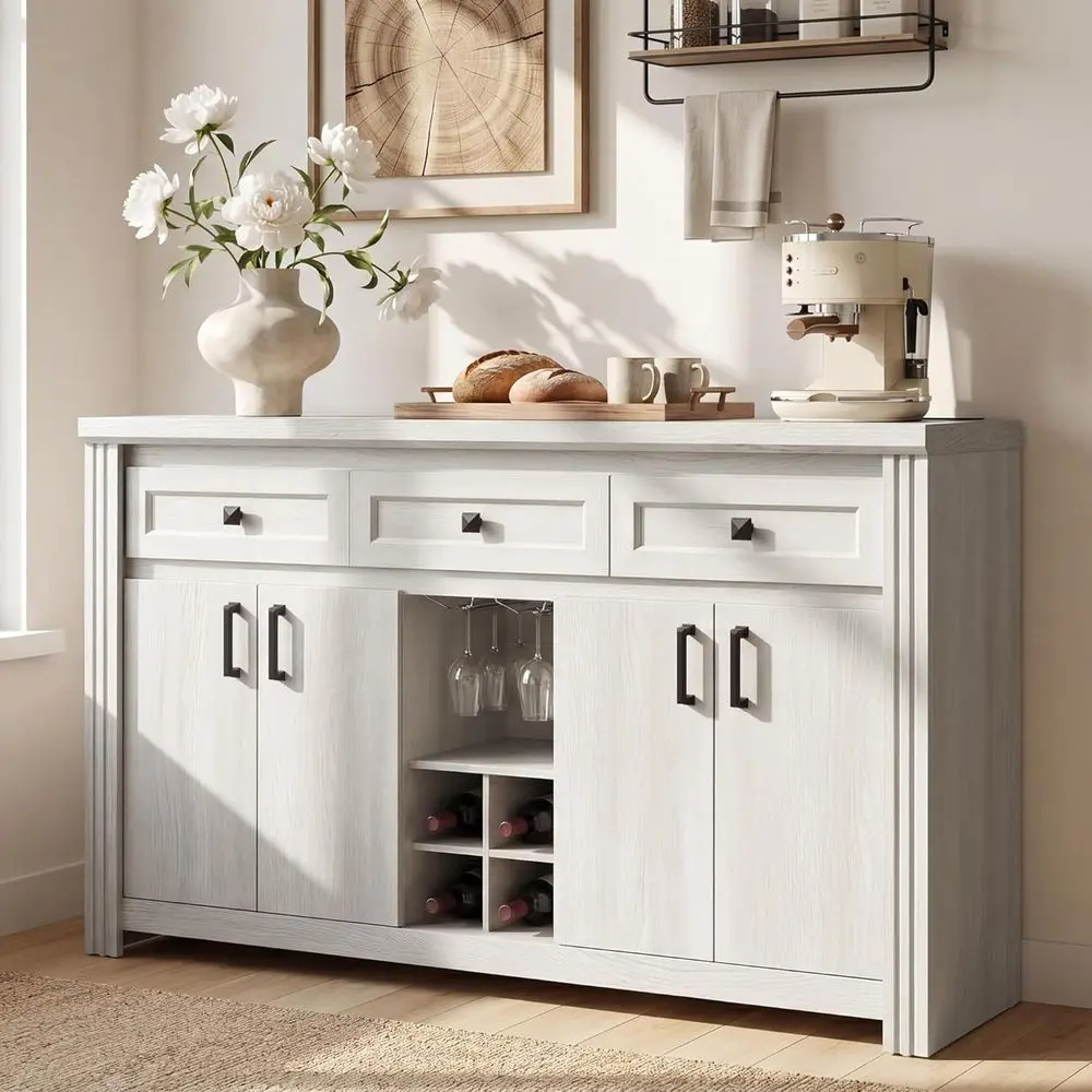 55 Sideboard Buffet Cabinet with Power Outlet, 4 Doors, 3 Drawers, Wine Rack & Adjustable Shelves for Kitchen or Dining Room, Wh
55 Sideboard Buffet Cabinet with Power Outlet, 4 Doors, 3 Drawers, Wine Rack & Adjustable Shelves for Kitchen or Dining Room, Wh