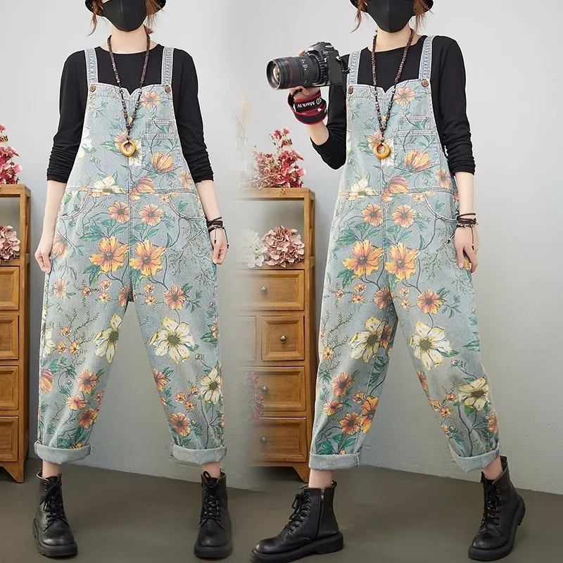 Spring New Vintage Print Denim Jumpsuit Women High Waist Suspenders Trousers Streetwear Female Loose Straps Jean Rompers H2872
Spring New Vintage Print Denim Jumpsuit Women High Waist Suspenders Trousers Streetwear Female Loose Straps Jean Rompers H2872