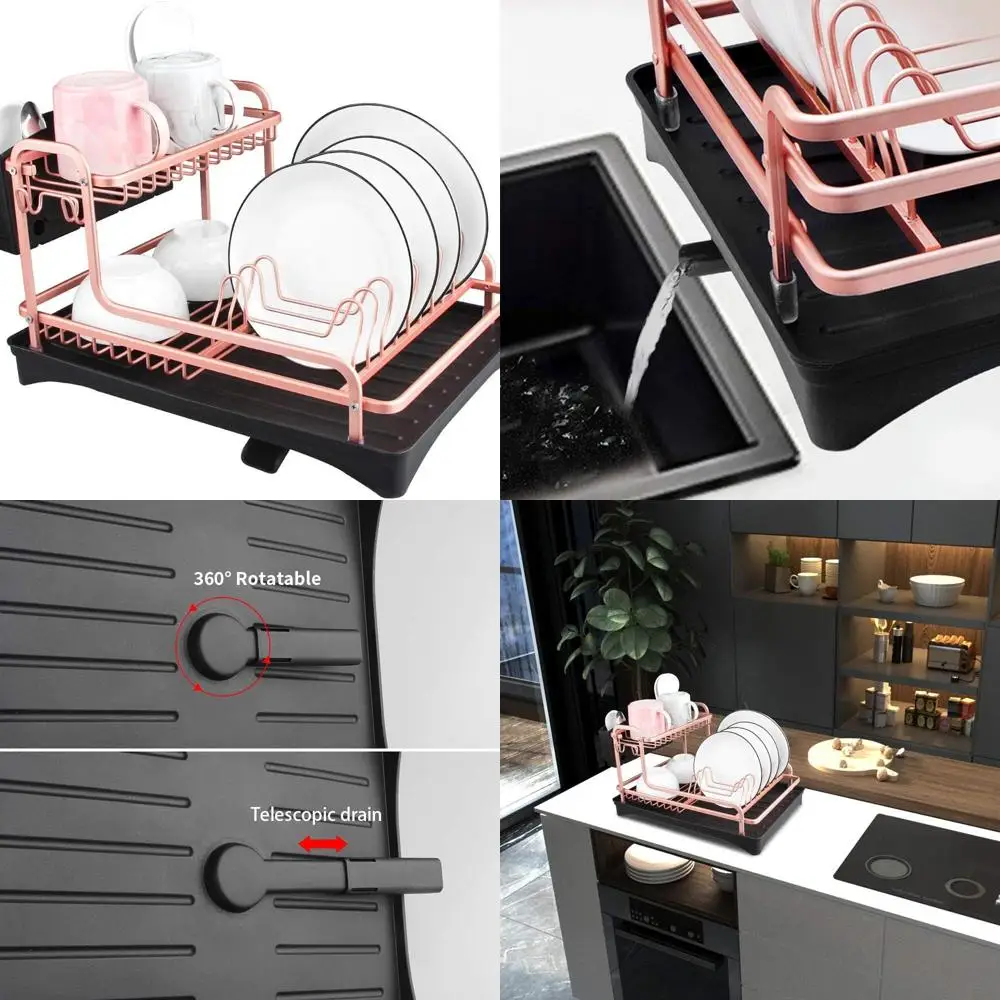 2-Tier Aluminum Dish Rack with Drain Board & Utensil Holder in Matt Rose Gold for Kitchen Drying and Storage
2-Tier Aluminum Dish Rack with Drain Board & Utensil Holder in Matt Rose Gold for Kitchen Drying and Storage