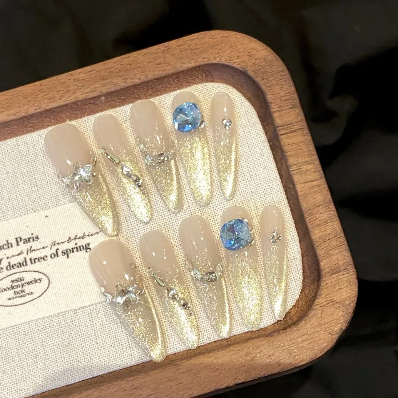 10pcs Handmade Gradient Cat Eye Champagne Color False Nails with Design Rhinestones Fake Nails with Glue Summer Press on Nails
10pcs Handmade Gradient Cat Eye Champagne Color False Nails with Design Rhinestones Fake Nails with Glue Summer Press on Nails