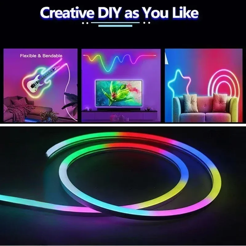 Неоновая светодиодная лента 1/2/3/5M, силиконовая неоновая веревка, музыкальная синхронизация, приложение «сделай сам», многоцветная лента для погони для декора стен комнаты
Неоновая светодиодная лента 1/2/3/5M, силиконовая неоновая веревка, музыкальная синхронизация, приложение «сделай сам», многоцветная лента для погони для декора стен комнаты