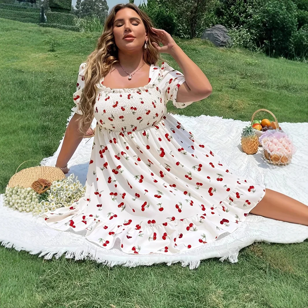2025 Summer Women's Plus Size Dresses Fashion Cherry Print Short Sleeve Midi Dress Summer Casual A-line Dress
2025 Summer Women's Plus Size Dresses Fashion Cherry Print Short Sleeve Midi Dress Summer Casual A-line Dress