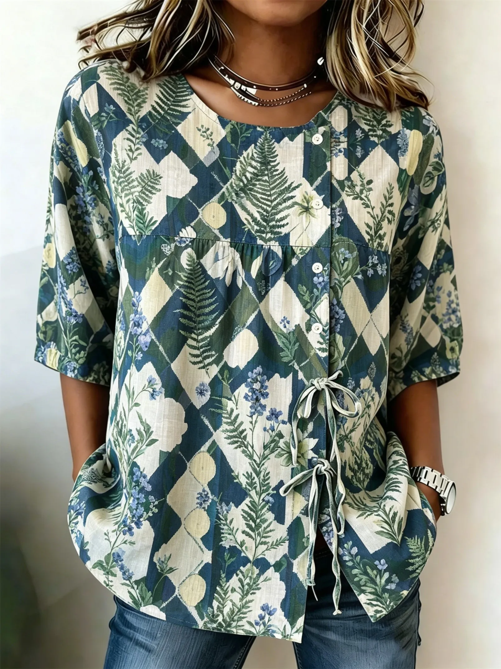 Women's Botanical Fern Print Drawstring Button Up Blouse, Casual Round Neck Tops for Spring Summer Daily Vacation Wear
Women's Botanical Fern Print Drawstring Button Up Blouse, Casual Round Neck Tops for Spring Summer Daily Vacation Wear
