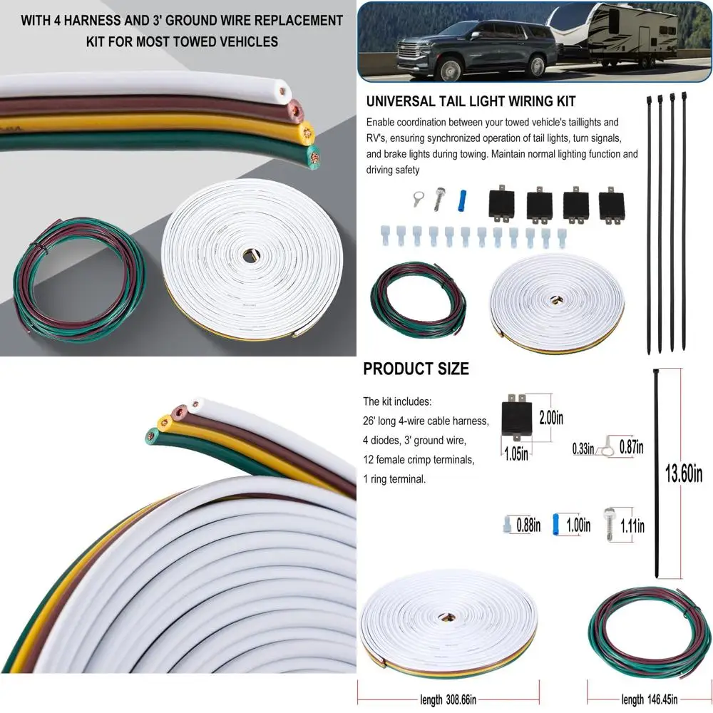 BX8848 Universal Tail Light Wiring Kit With 4 Isolating Diodes and 4 Harness and Ground Wire Replacement Parts Kit For Towed Veh
BX8848 Universal Tail Light Wiring Kit With 4 Isolating Diodes and 4 Harness and Ground Wire Replacement Parts Kit For Towed Veh