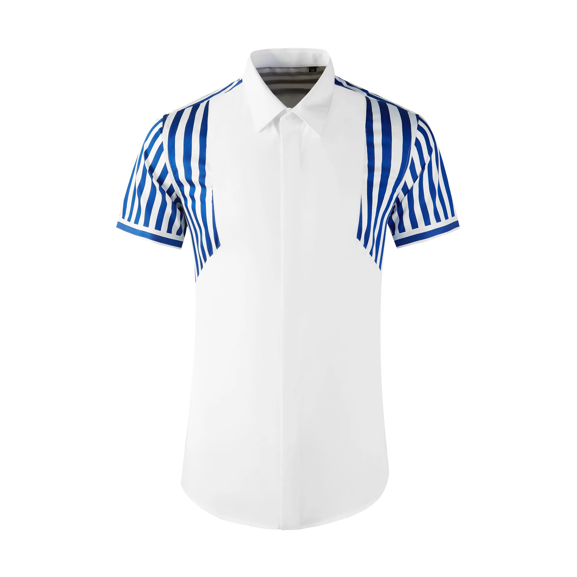 Summer sleeve striped patchwork short sleeved slim fit fashionable men's shirt handsome top
Summer sleeve striped patchwork short sleeved slim fit fashionable men's shirt handsome top