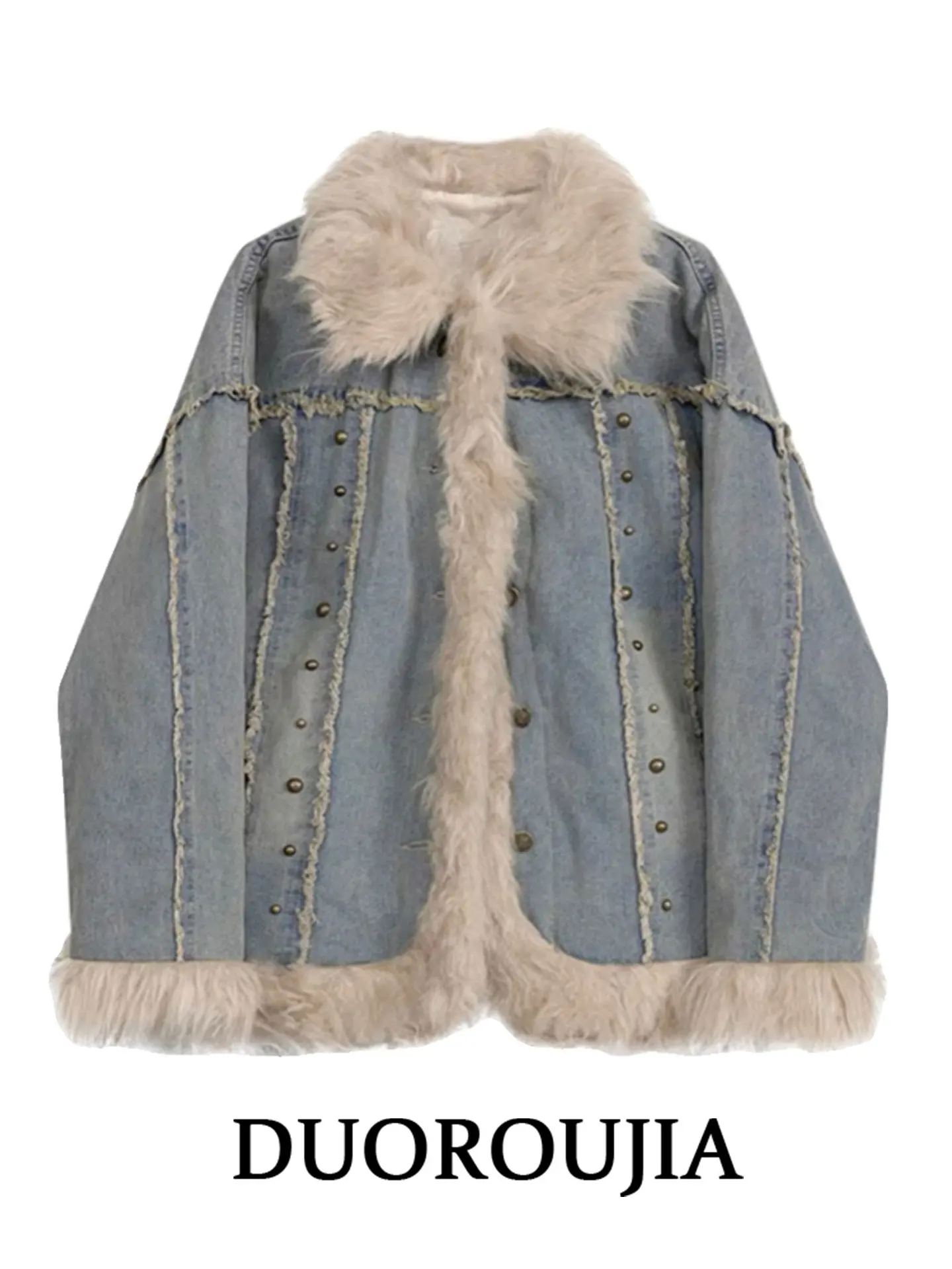 Large Size Blue Lamb Fur Retro Plush Denim Jacket Women's Winter Fat MM Patchwork Fur Collar Quilted Top DUOR Brand
Large Size Blue Lamb Fur Retro Plush Denim Jacket Women's Winter Fat MM Patchwork Fur Collar Quilted Top DUOR Brand