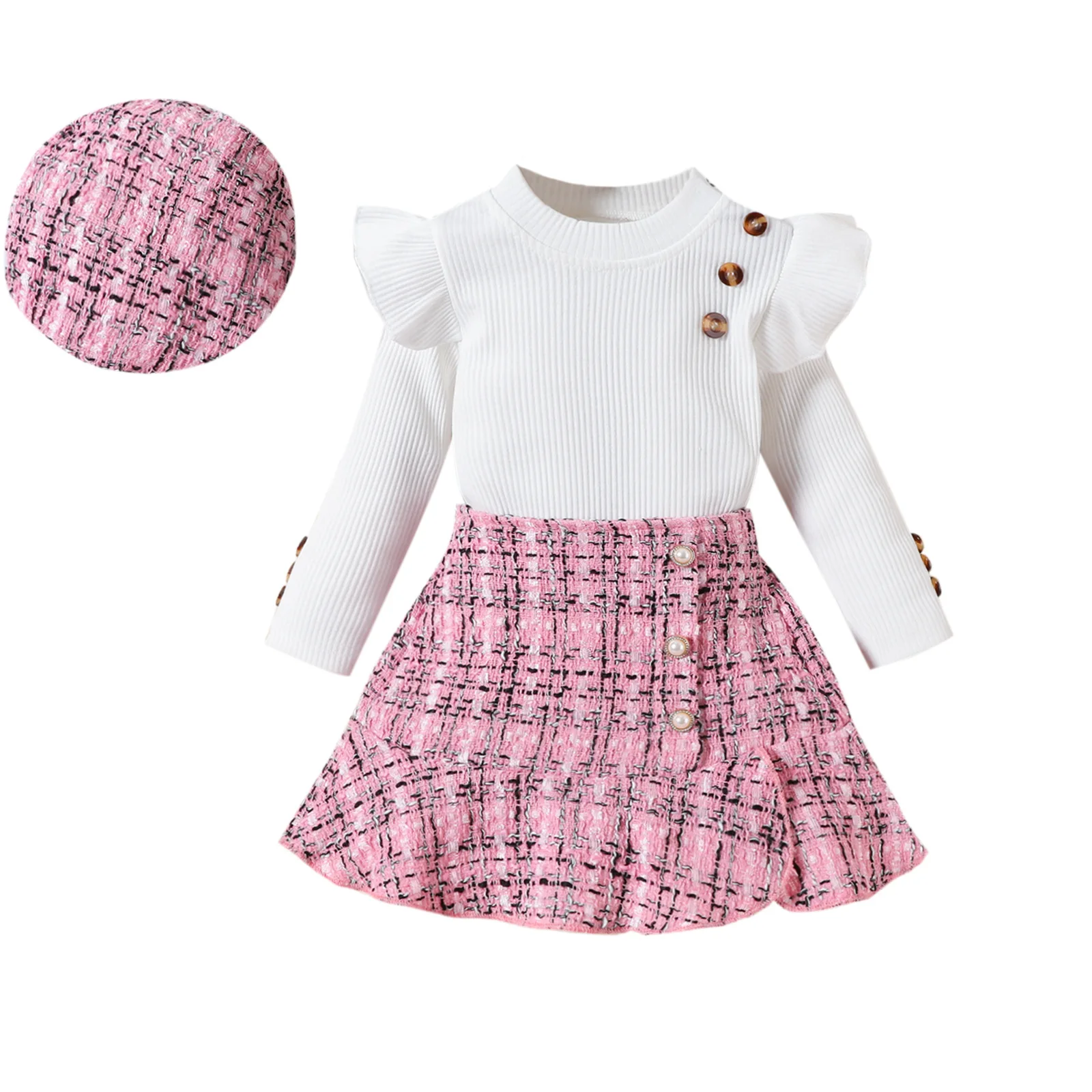 Kid Girl Three Piece Outfit Ribbed Knit Top Ruffle Shoulders Side Button Tweed Mini Skirt Pearl Buttons Tweed Beret for Children
Kid Girl Three Piece Outfit Ribbed Knit Top Ruffle Shoulders Side Button Tweed Mini Skirt Pearl Buttons Tweed Beret for Children