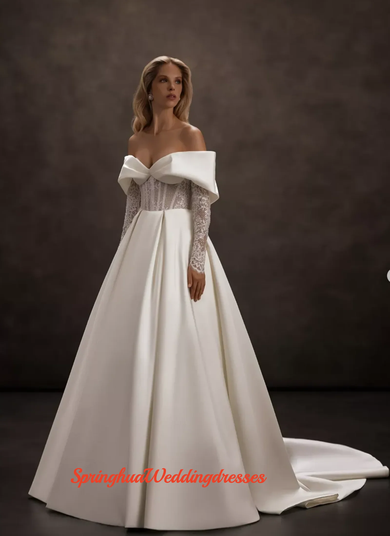 Customized Elegant WeddingDress Beaded Long Sleeve Satin A Line Brides Gown Backless Off Shoulder Bridal Dress Vestidos De Novia
Customized Elegant WeddingDress Beaded Long Sleeve Satin A Line Brides Gown Backless Off Shoulder Bridal Dress Vestidos De Novia