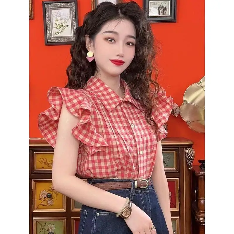 Red Plaid Shirt Women's Summer New Hong Kong Style Design Sense Little Crowd Fly Sleeve Top Hong Kong Flavor Retro High-End Feel
Red Plaid Shirt Women's Summer New Hong Kong Style Design Sense Little Crowd Fly Sleeve Top Hong Kong Flavor Retro High-End Feel