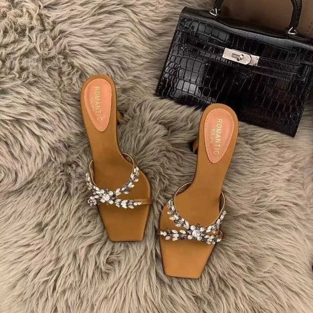 Women's Rhinestone Embellished Heel Mules, Square Toe Satin Slide Sandals, Brown/Black/White Summer Party Footwear
Women's Rhinestone Embellished Heel Mules, Square Toe Satin Slide Sandals, Brown/Black/White Summer Party Footwear