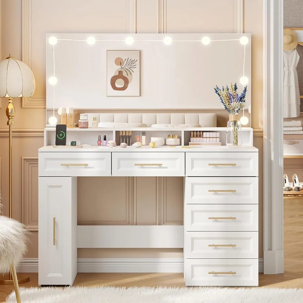 Large Makeup Vanity Desk, 47" White Vanity Table with Mirror and Lights, 3 Modes Adjustable Brightness and Jewelry Cabin
Large Makeup Vanity Desk, 47" White Vanity Table with Mirror and Lights, 3 Modes Adjustable Brightness and Jewelry Cabin