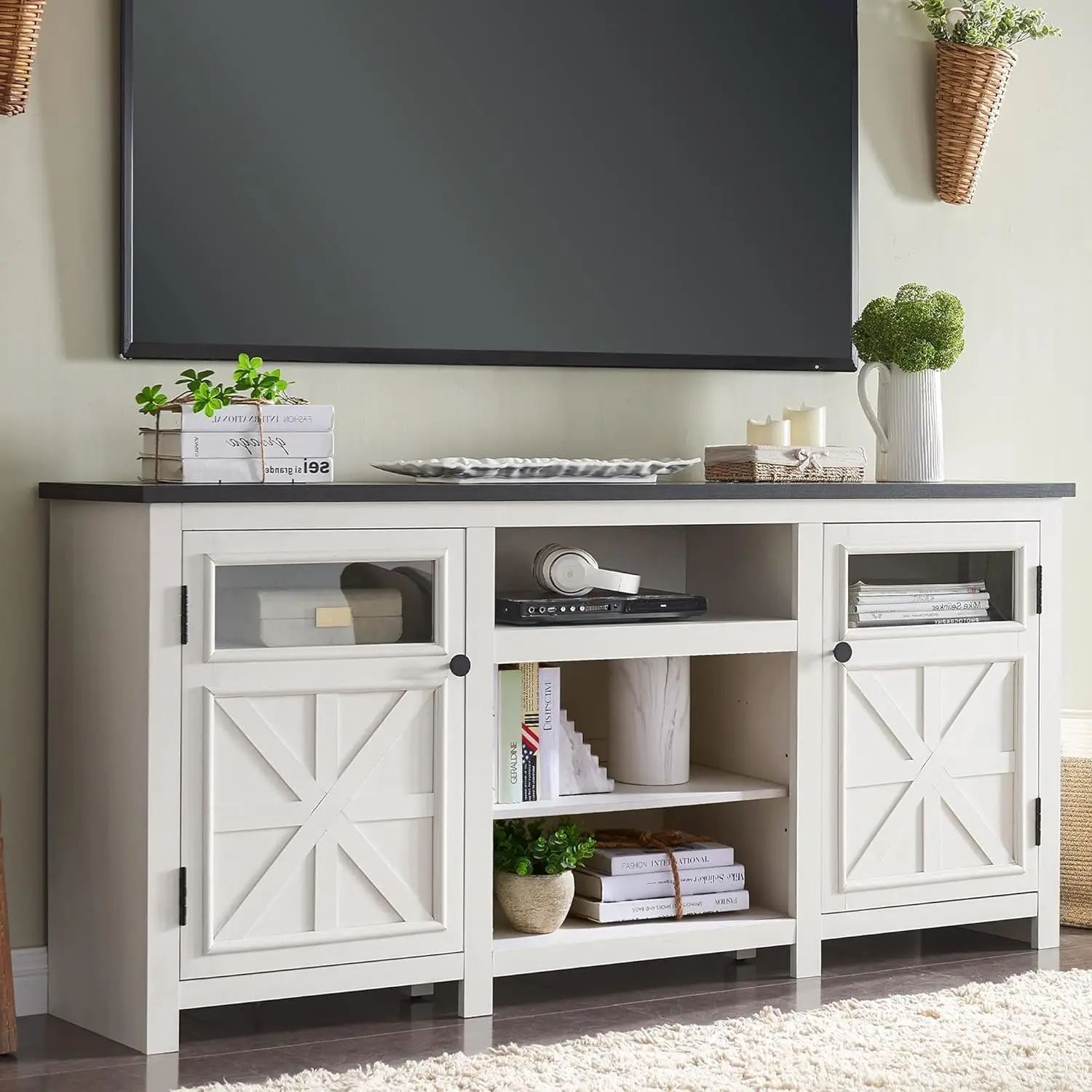 Center with Storage and Barn Doors, Farmhouse & Modern TV Cabinet, 66" Rustic TV Console for Living Room 
Center with Storage and Barn Doors, Farmhouse & Modern TV Cabinet, 66" Rustic TV Console for Living Room