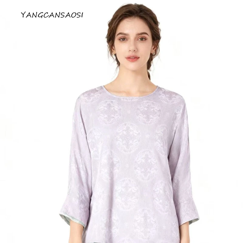 Women's Fashion Clothing Pink Purple 100%Natural Mulberry Silk Jacquard Flower Rose Seven Sleeve Round Neck Double Sided T-shirt
Women's Fashion Clothing Pink Purple 100%Natural Mulberry Silk Jacquard Flower Rose Seven Sleeve Round Neck Double Sided T-shirt