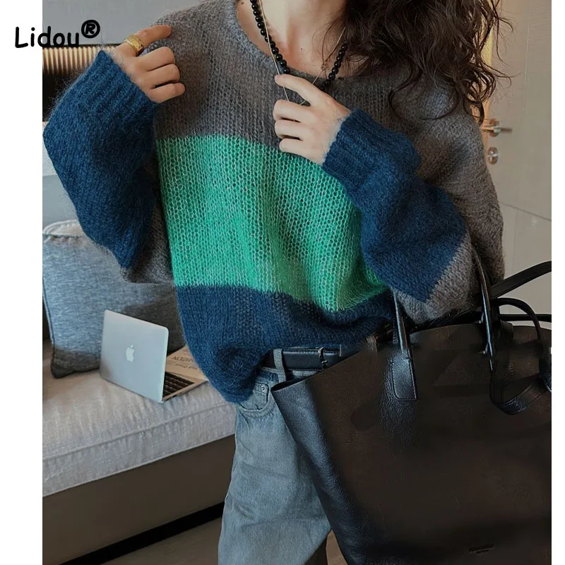 Female Loose Fashion Round Neck Striped Knitted Pullovers Autumn Winter Women's Clothing Long Sleeve All-match Patchwork Sweater
Female Loose Fashion Round Neck Striped Knitted Pullovers Autumn Winter Women's Clothing Long Sleeve All-match Patchwork Sweater