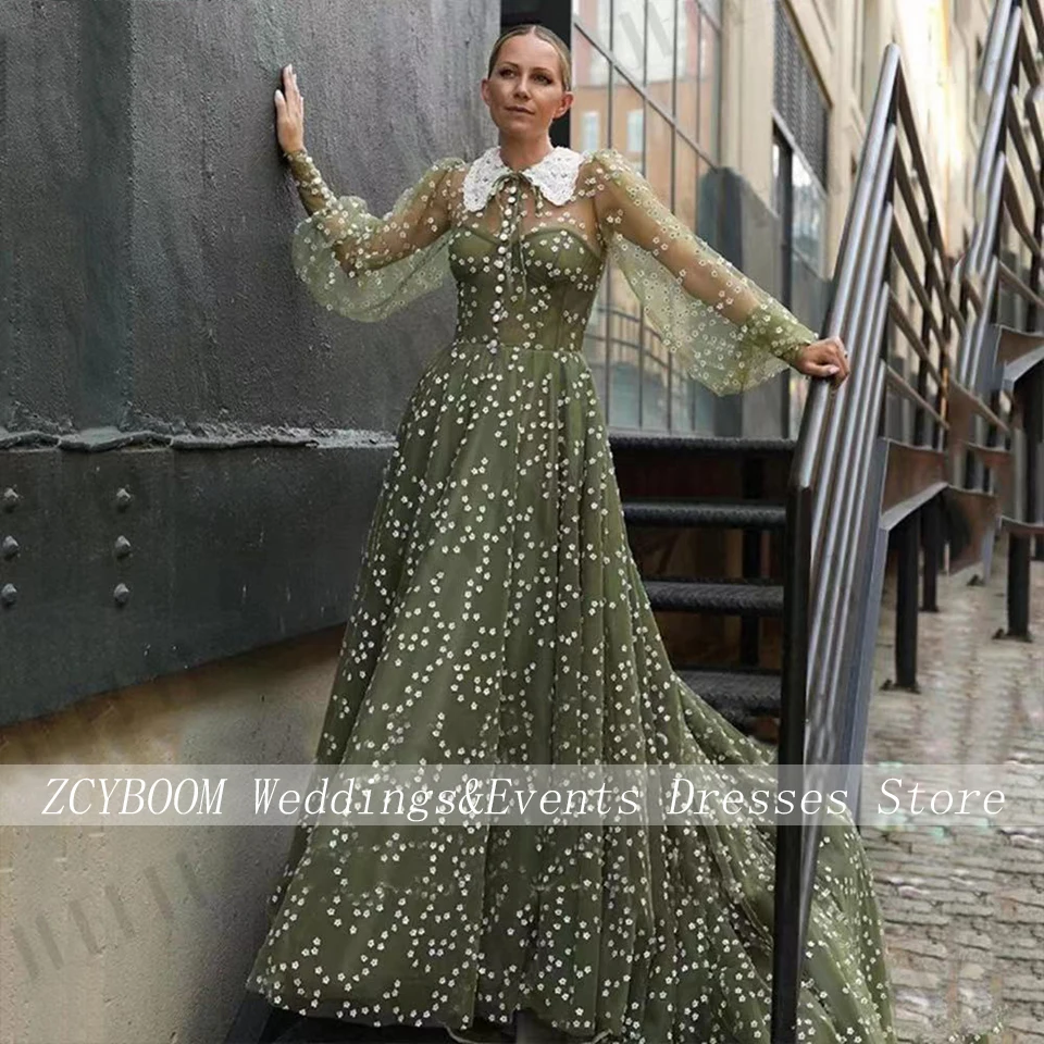 Elegant Dark Green Flowers Tulle Lantern Sleeves Evening Dress 2023 A-Line Floor Length Sweep Train Button Custom Made Prom Gown
Elegant Dark Green Flowers Tulle Lantern Sleeves Evening Dress 2023 A-Line Floor Length Sweep Train Button Custom Made Prom Gown
