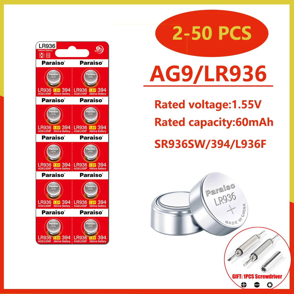 Новый аккумулятор для часов высокой емкости AG9 SR936SW LR936 1,55 В 394 из оксида серебра 194 LR45 для игрушечных весов, швейцарский кнопочный монетный элемент
Новый аккумулятор для часов высокой емкости AG9 SR936SW LR936 1,55 В 394 из оксида серебра 194 LR45 для игрушечных весов, швейцарский кнопочный монетный элемент