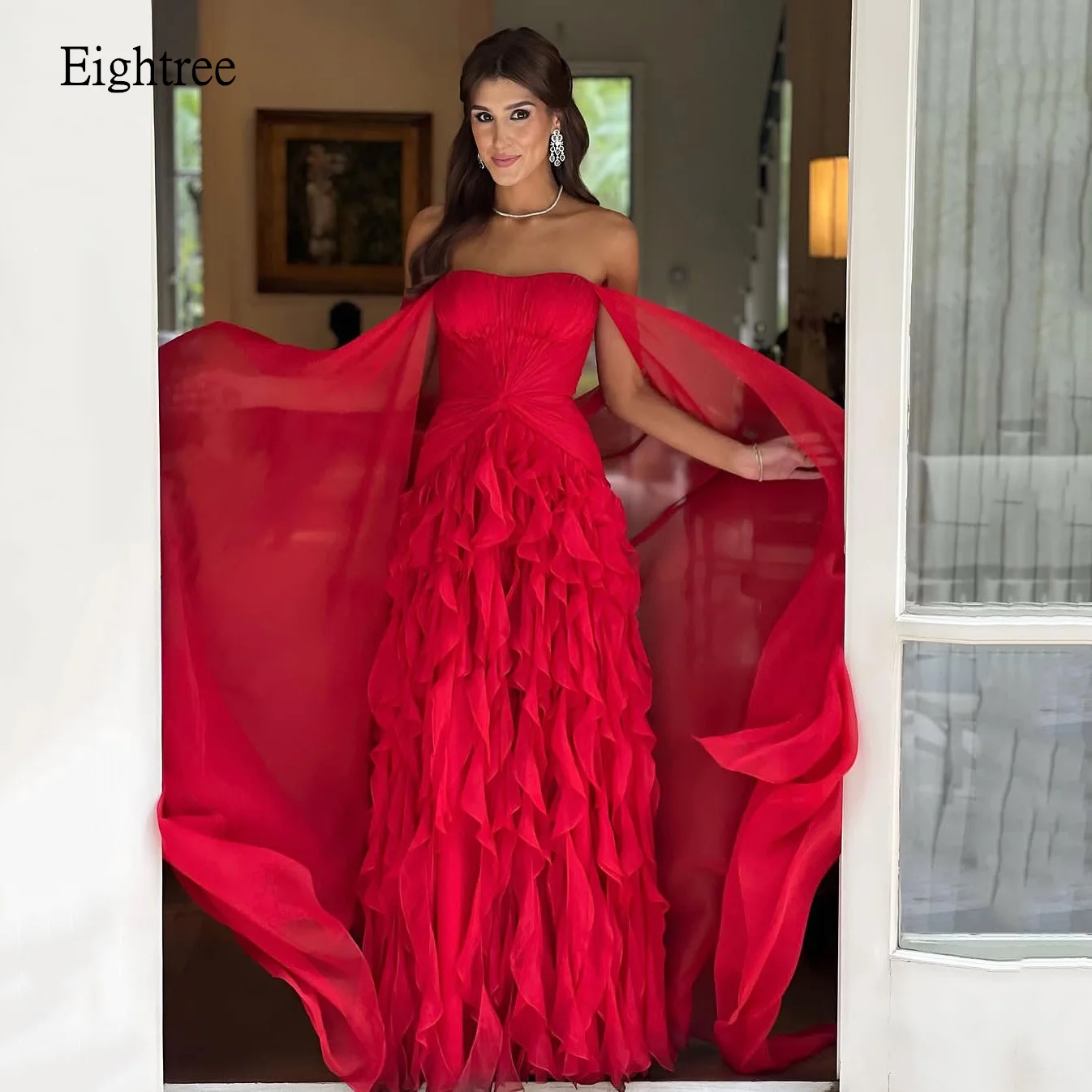 Eightree Classic Red A-line Prom Gowns Cap Sleeves Formal Party Gown Chiffon Ruffles Tiered Long Evening Dress Customized
Eightree Classic Red A-line Prom Gowns Cap Sleeves Formal Party Gown Chiffon Ruffles Tiered Long Evening Dress Customized
