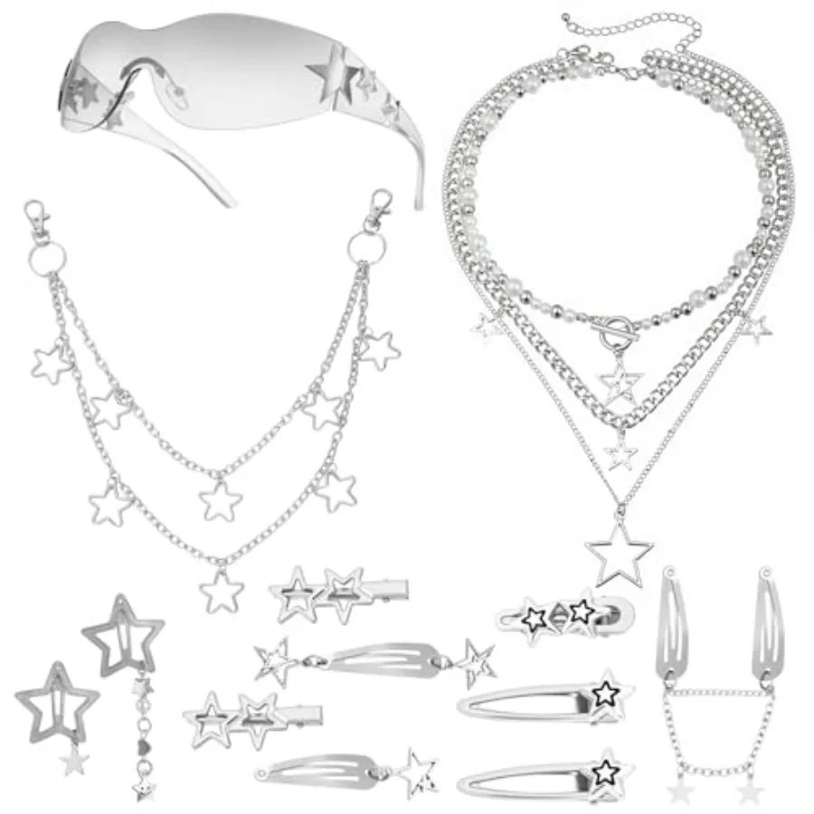 Y2k Accessories Set Included Star Y2k Silver Necklace Grunge Layered Necklace Y2K Sunglasses Hip Hop Pants Chain Hair Clip Vint
Y2k Accessories Set Included Star Y2k Silver Necklace Grunge Layered Necklace Y2K Sunglasses Hip Hop Pants Chain Hair Clip Vint