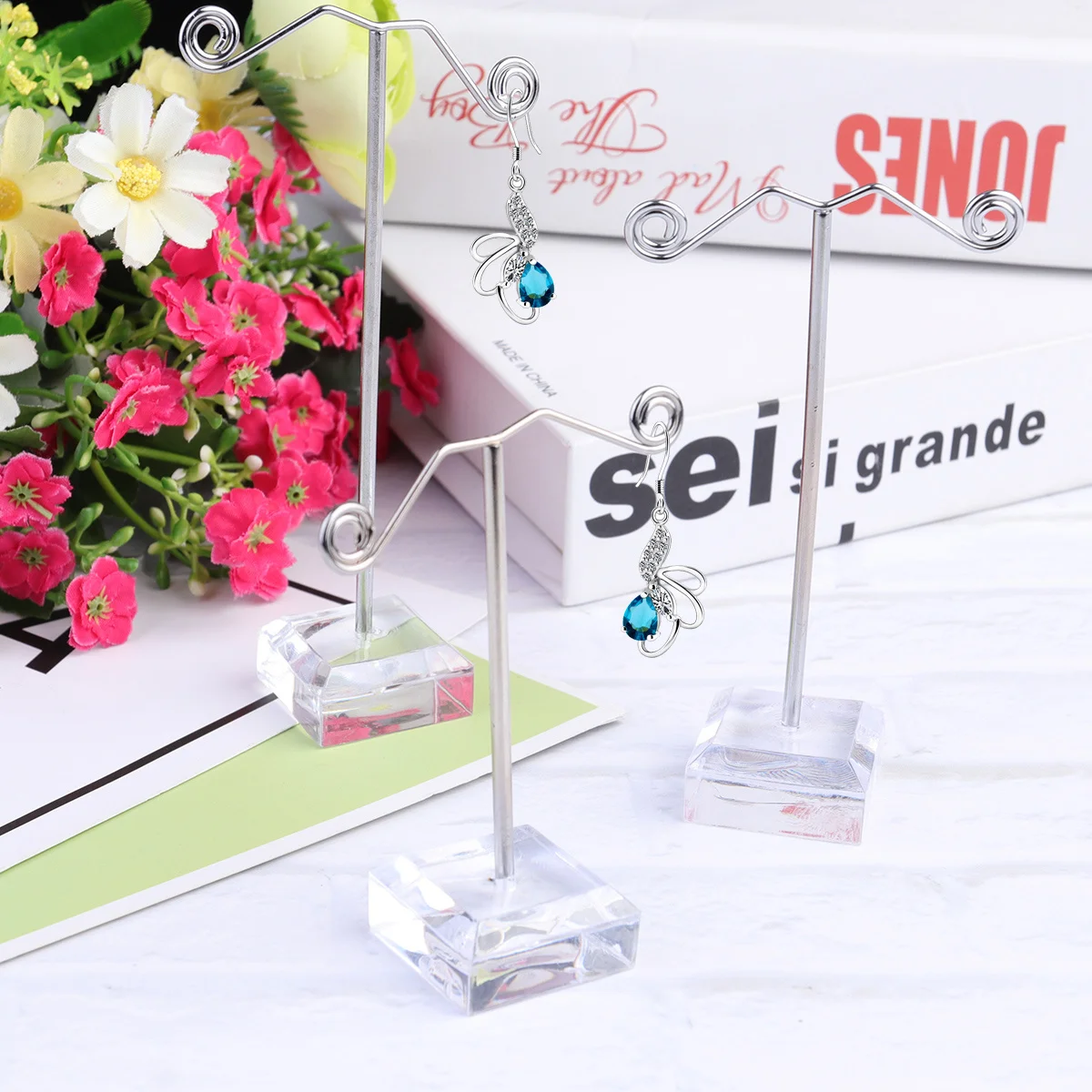 Acrylic Base Iron Rack Earring Jewelry Stand Display Holder Transparent Plate Bottom Mini Ring Design For Eardrop Storage