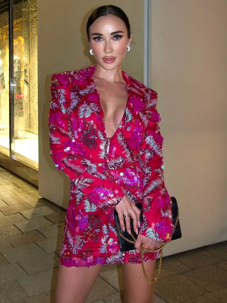 Women Celebrity Sexy Long Sleeve Hot Pink Sequins Blazer V Neck Mini Gowns Dress 2024 Elegant Evening Party Club Dress Vestido
Women Celebrity Sexy Long Sleeve Hot Pink Sequins Blazer V Neck Mini Gowns Dress 2024 Elegant Evening Party Club Dress Vestido