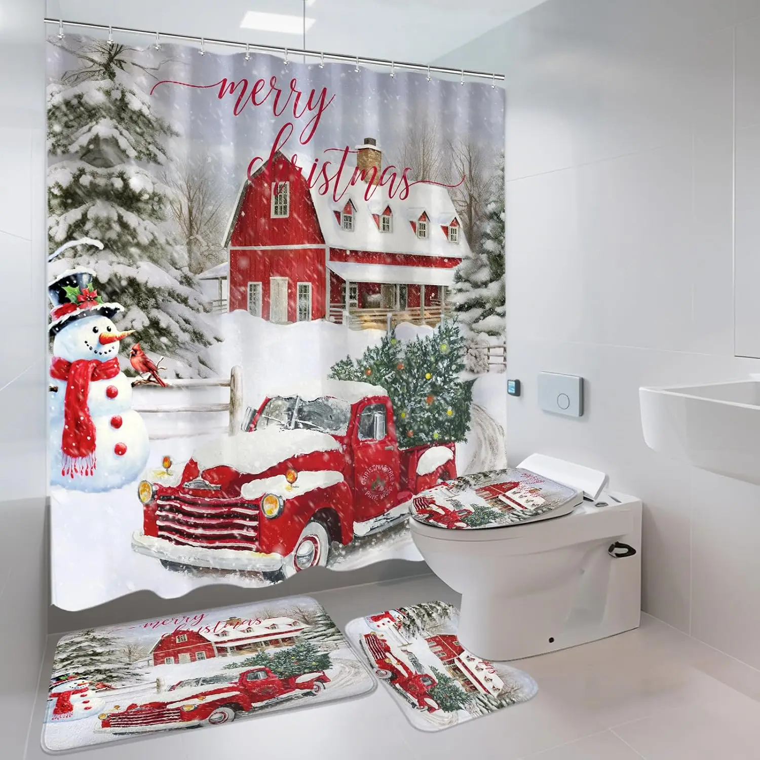 Рождественские наборы для ванной комнаты в фермерском доме с ковриками и аксессуарами, состоящие из 4 предметов, зимняя рождественская елка, снеговик, рождественский праздничный душ C 
Рождественские наборы для ванной комнаты в фермерском доме с ковриками и аксессуарами, состоящие из 4 предметов, зимняя рождественская елка, снеговик, рождественский праздничный душ C