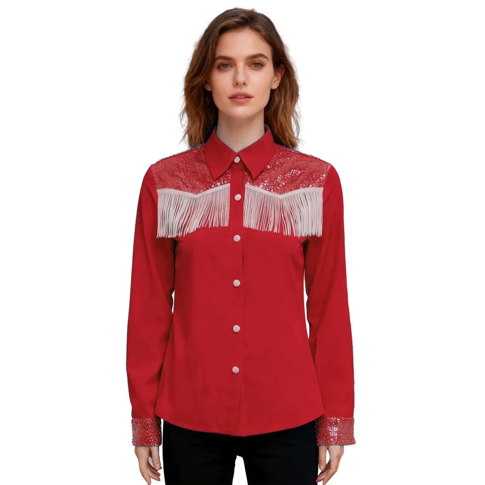 Women Western Cowgirl Hippies Tassels Sequins Shirt Long Sleeve Cowgirl Button Down Blouse Tops for Daily Wear Themed Activities
Women Western Cowgirl Hippies Tassels Sequins Shirt Long Sleeve Cowgirl Button Down Blouse Tops for Daily Wear Themed Activities