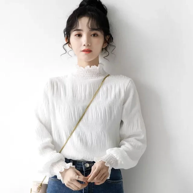 New White High Neck Bottoming Shirt Spring Autumn New Long Sleeve Solid Loose Pleated Tops Tees Fashion Sweet Women Clothing
New White High Neck Bottoming Shirt Spring Autumn New Long Sleeve Solid Loose Pleated Tops Tees Fashion Sweet Women Clothing