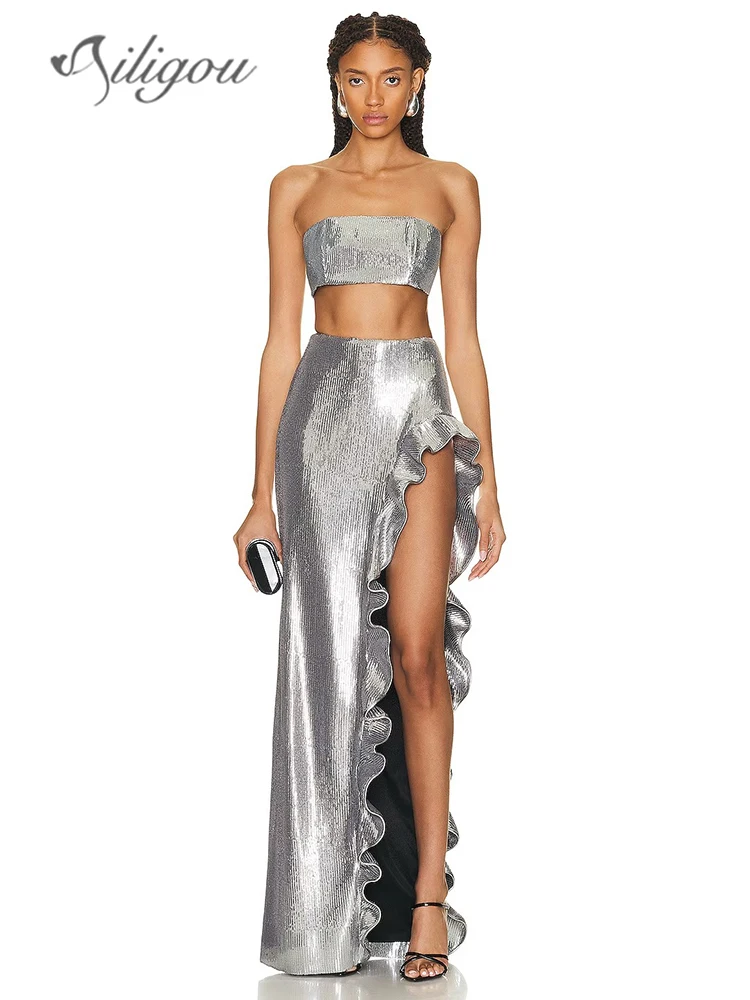 Ailigou 2023 New Summer Women's Silver Sequins 2-Piece Set Sexy Strapless Short Top and Ruffled Side Split Long Skirt Shiny Set
Ailigou 2023 New Summer Women's Silver Sequins 2-Piece Set Sexy Strapless Short Top and Ruffled Side Split Long Skirt Shiny Set