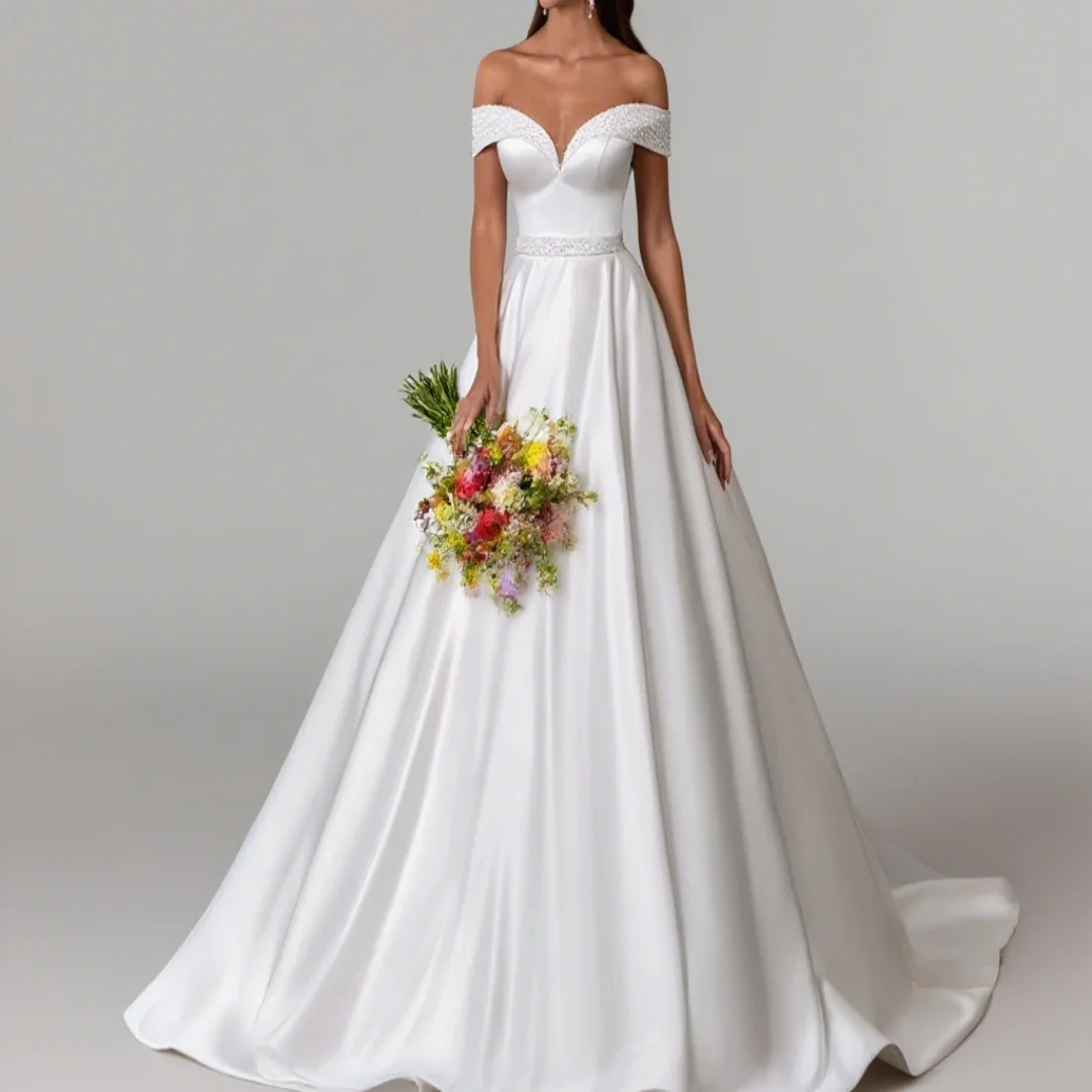 Elegant satin wedding dress - A-line off-shoulder V-neck with sequins and zipper custom-made to size for a formal bride's gown
Elegant satin wedding dress - A-line off-shoulder V-neck with sequins and zipper custom-made to size for a formal bride's gown