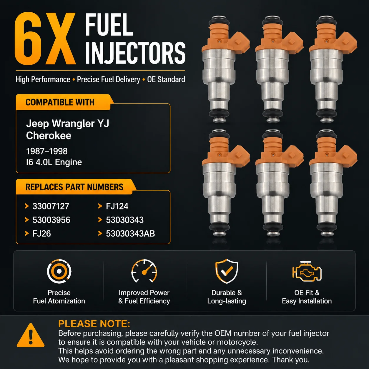 6X For Wrangler Cherokee YJ 1987-1998 I6 4.0L Car Accessories Fuel Injectors 33007127 53003956 FJ26 FJ124 53030343 53030343AB
6X For Wrangler Cherokee YJ 1987-1998 I6 4.0L Car Accessories Fuel Injectors 33007127 53003956 FJ26 FJ124 53030343 53030343AB