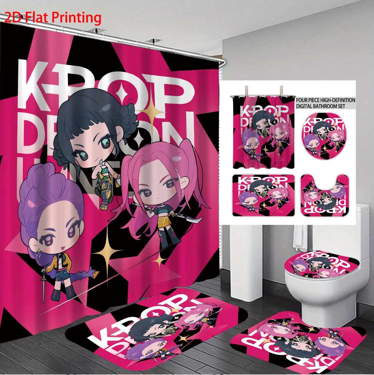 4pcs K-Pop Demon Hunters Printed Bathroom Set Waterproof Shower Curtain Floor Mat Toilet Mat U-Shaped Mat
4pcs K-Pop Demon Hunters Printed Bathroom Set Waterproof Shower Curtain Floor Mat Toilet Mat U-Shaped Mat