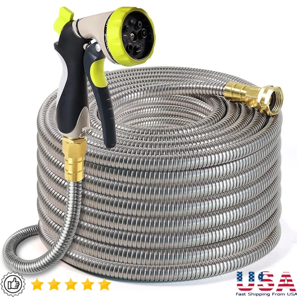 Metal Garden Hose 100ft Flexible Stainless Steel Heavy Duty No Kink Hose with 8 Function Sprayer Nozzle Leak Proof Connector
Metal Garden Hose 100ft Flexible Stainless Steel Heavy Duty No Kink Hose with 8 Function Sprayer Nozzle Leak Proof Connector