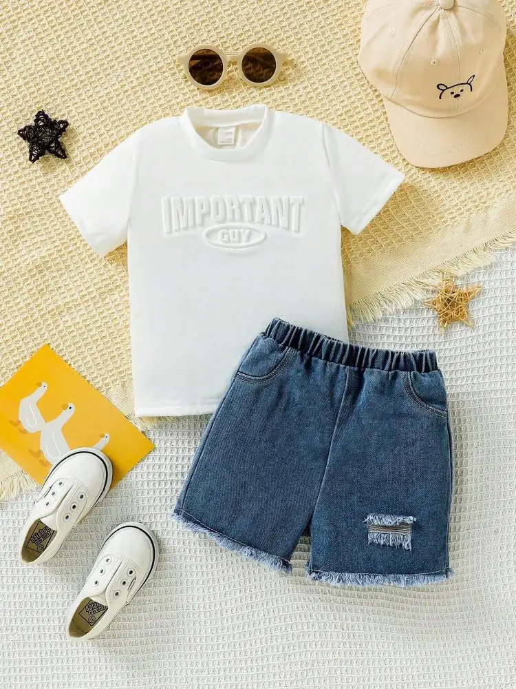 Boys and Girls Set Summer Daily Wear Classic Letter Pattern White Short Sleeved T-shirt Top and Denim Shorts Children's Set
Boys and Girls Set Summer Daily Wear Classic Letter Pattern White Short Sleeved T-shirt Top and Denim Shorts Children's Set