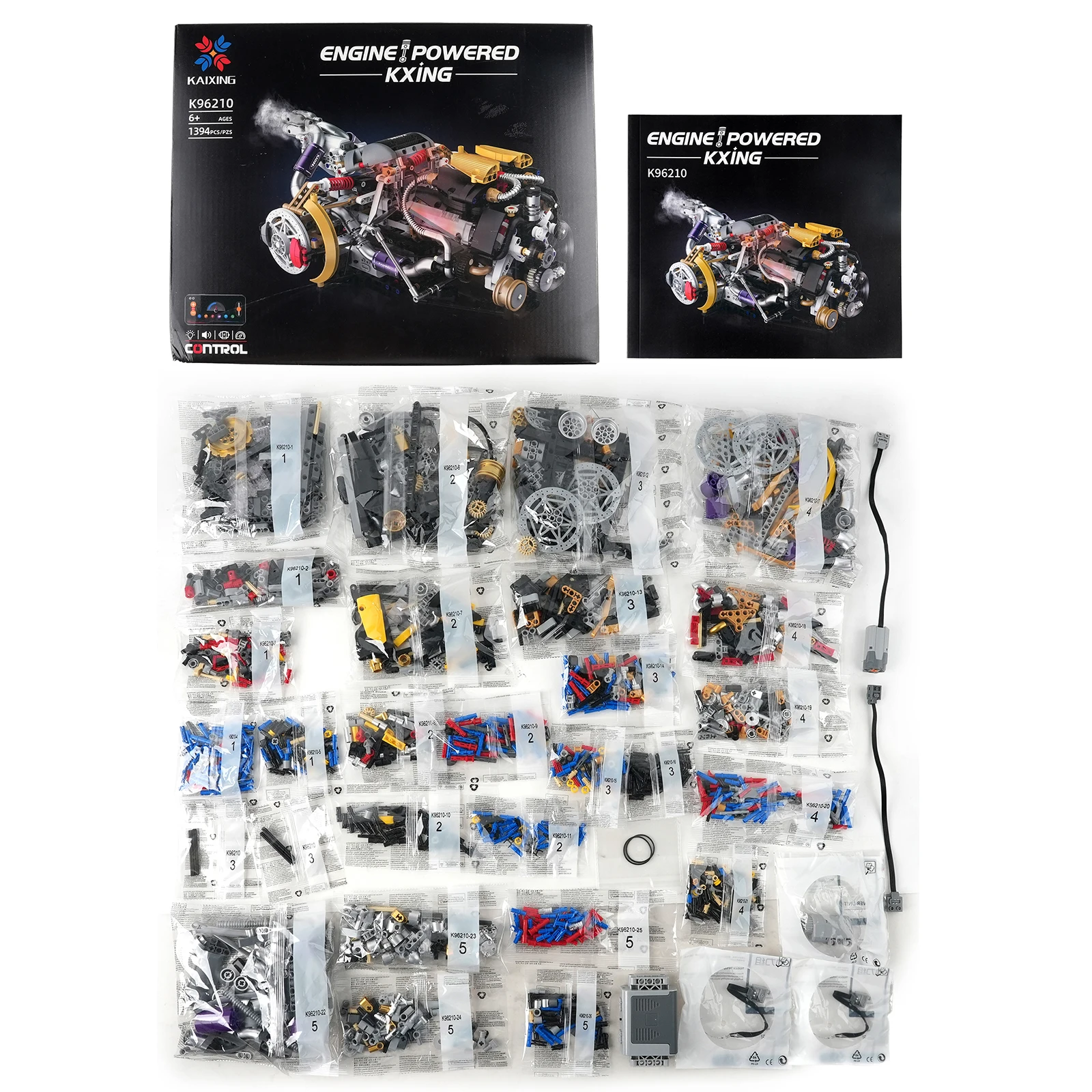 1394PCS K96210 Simulation V8 Engine Model APP-Programmable with LED Light Stem Educational MOC Building-Blocks Kit