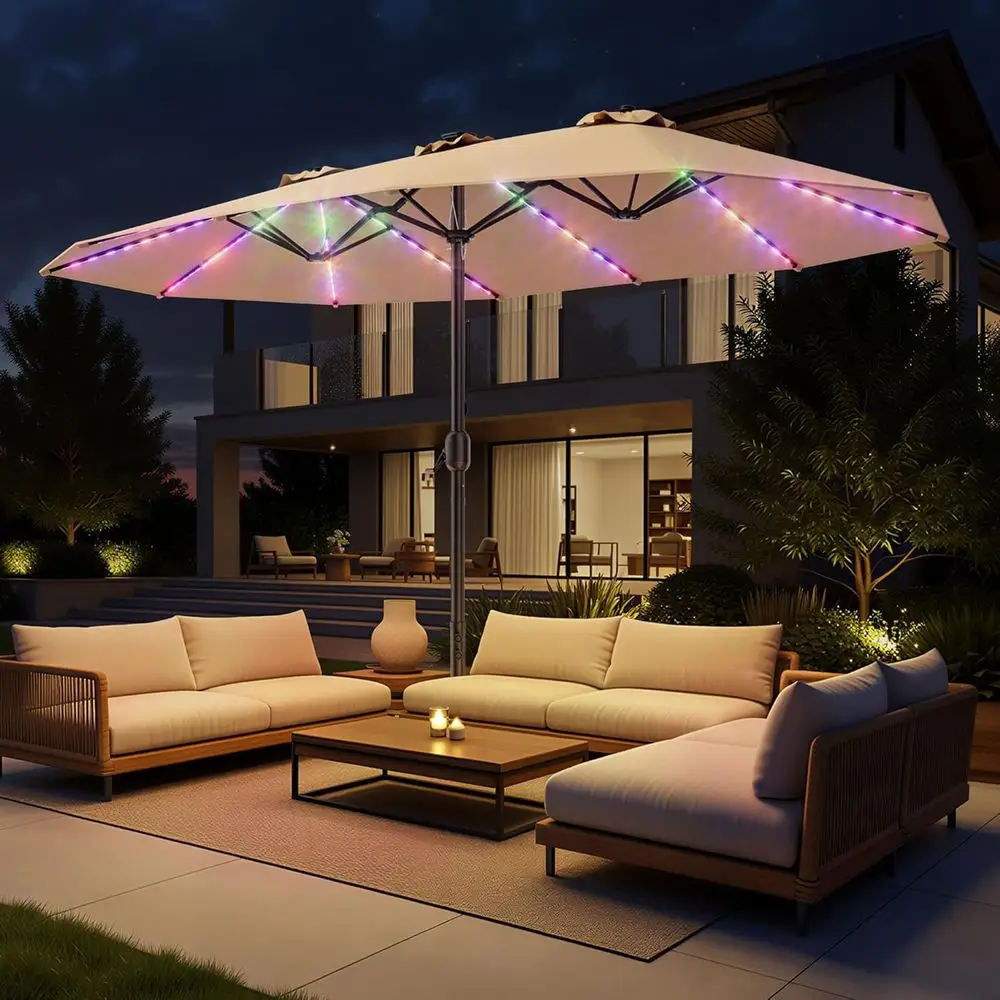 Double Sided Patio Umbrellas with Base - 15t RGB Multi-Color lowing LED Lights Outdoor Extra Large Market Table Umbrella w/Stand
Double Sided Patio Umbrellas with Base - 15t RGB Multi-Color lowing LED Lights Outdoor Extra Large Market Table Umbrella w/Stand